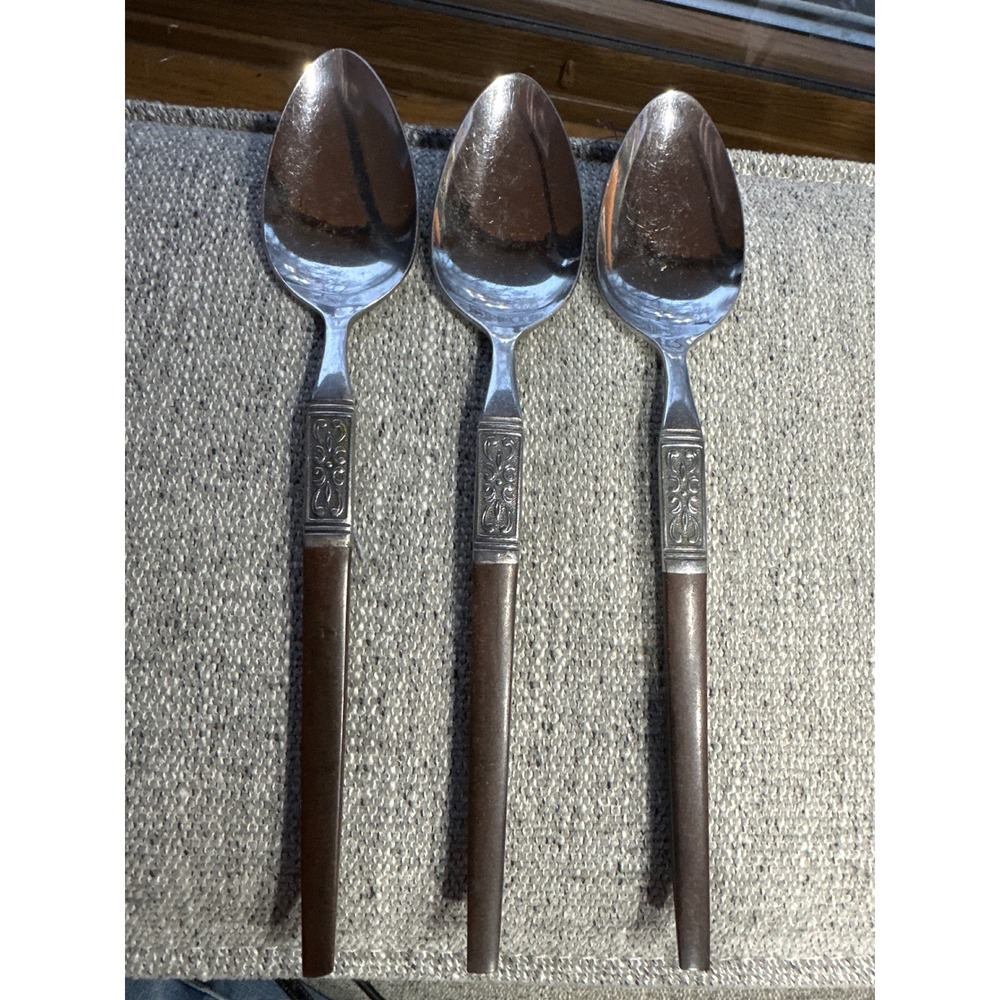 Vintage Interpur Japan Stainless Steel Spoons Brown Faux Wood Set of 3 MCM